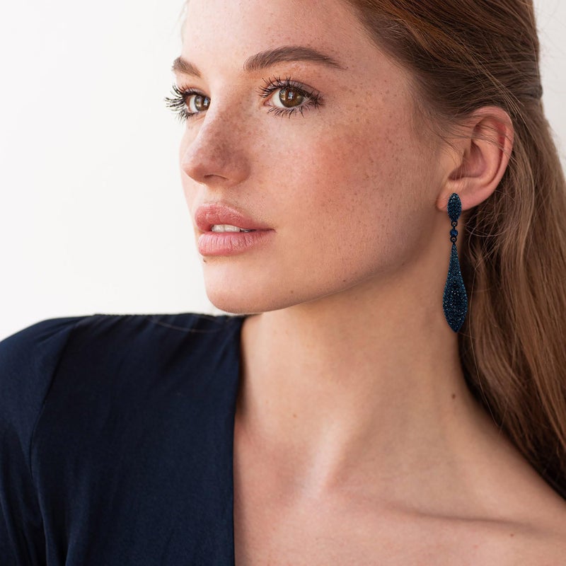 EVER FAITH Austrian Crystal Double Waterdrop Bridal Pierced Dangle Earrings Blue Black-Tone - Image 2